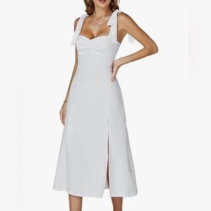 White Tie Shoulder Sleeveless Ruched Split Thigh A Line Cami Midi Dress NWT